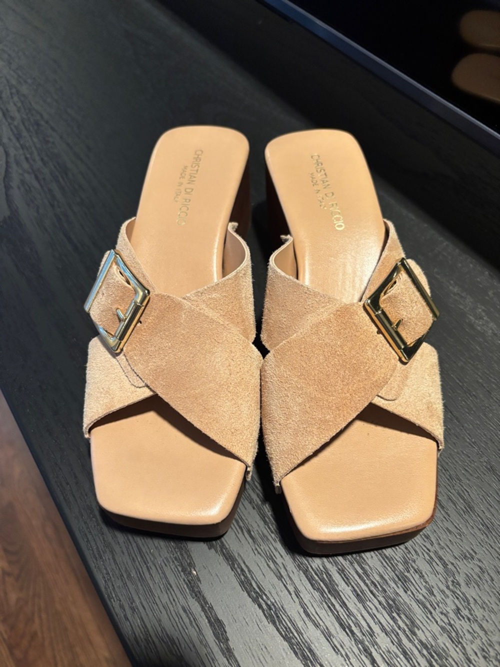 Italian tan Suede Cross-Band Mule with Gold Buckle size 8